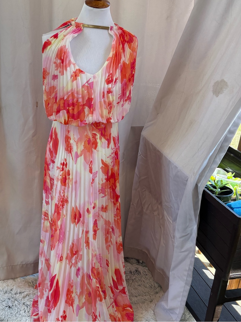 Floral Halter Pleated Maxi Dress in Pink & Coral